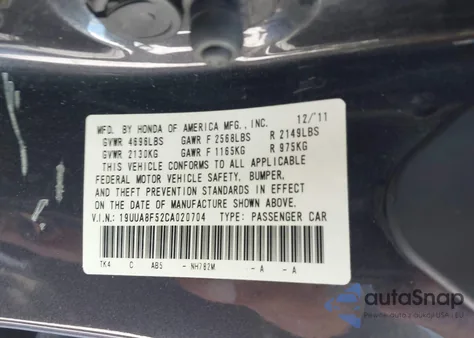 2012 Acura Tl 3.5 from USA, damaged, VIN 19UUA8F52CA020704
